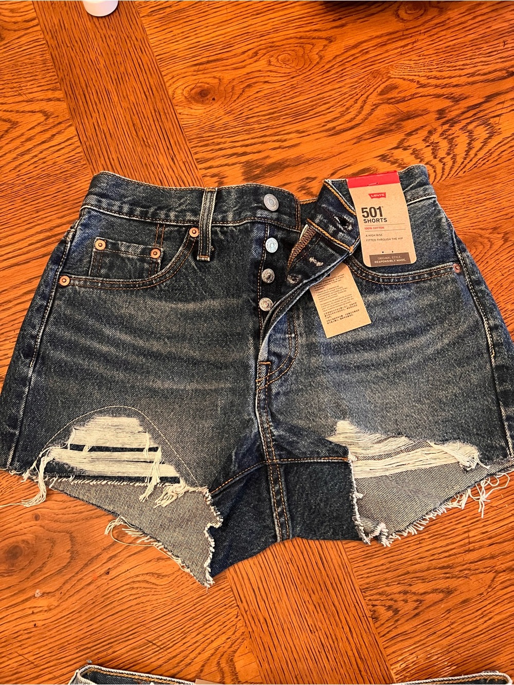 Levi's Distressed Dark Blue 501 High-Rise Jean Shorts